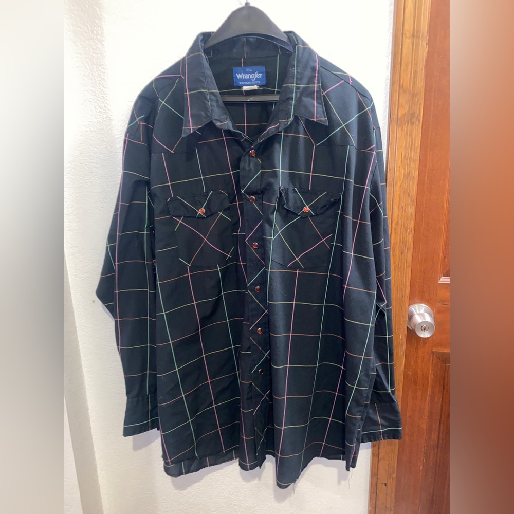 Vintage 60's/70’s Wrangler, Plaid, Shirt, Blue, Green, Long Sleeve (XXL)